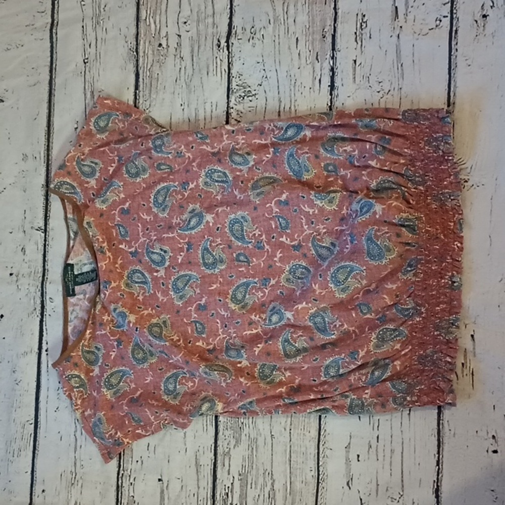 Lauren Ralph Lauren Blue Rose Paisley Print Smocked Waist Cotton Shirt Blouse M